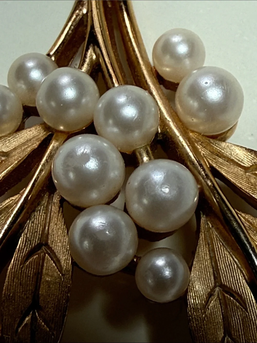 Vintage Crown Trifari Goldtone and Faux Pearl Leaf Brooch